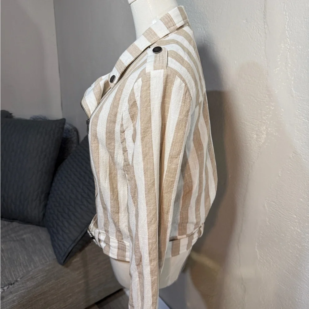 Lulus Striped Moto Jacket Cream Tan Asymmetrical Zip Lightweight Size L - Picture 6 of 12